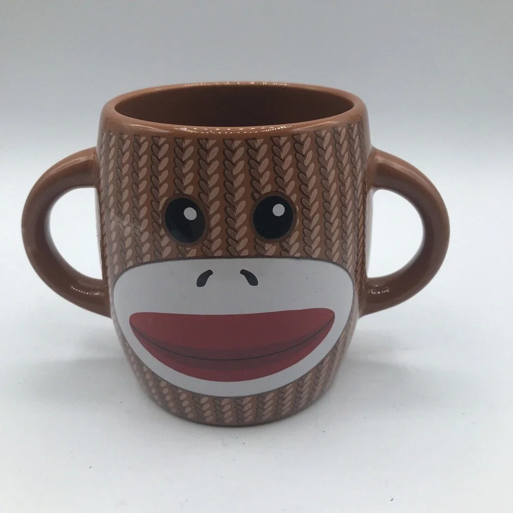 Galerie Sock Monkey Double 2 Handle Coffee Tea Cup‎ Mug Brown 16 oz
